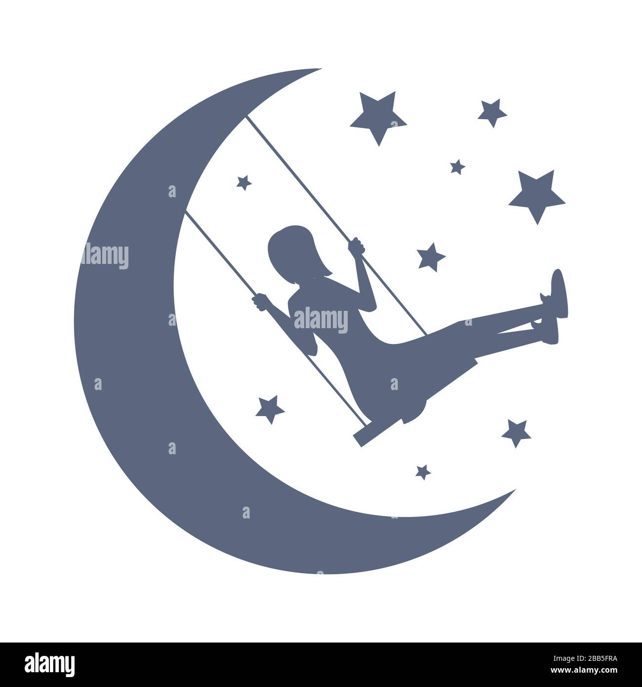 Bonne nuit et doux rêves vecteur modèle de carte. Silhouette d'une fille balançant sur une oscillation liée à la lune parmi les étoiles. Divertissements pour enfants, centre de loisirs, concept de bannière d'espace créatif. Illustration de Vecteur