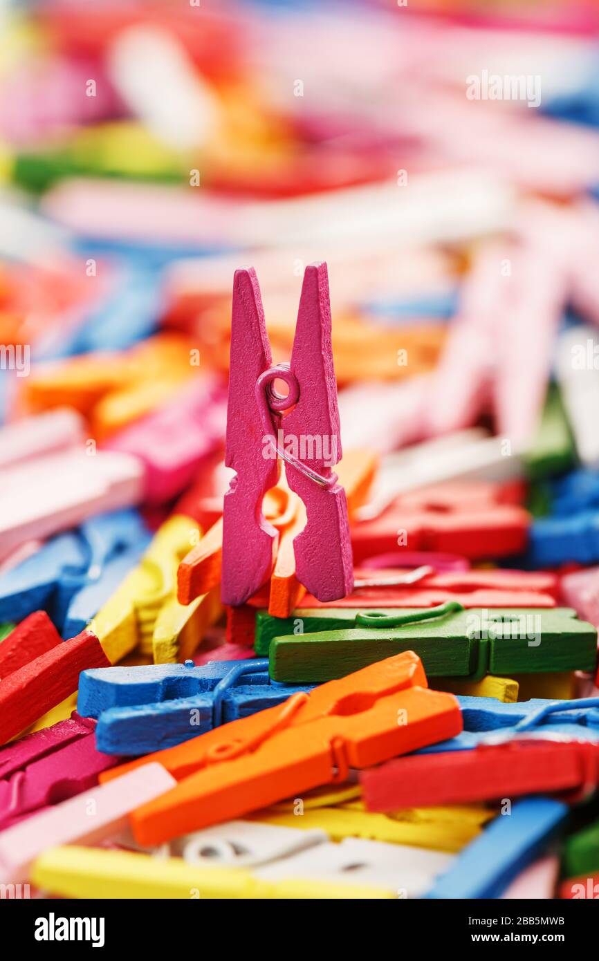 Les clothespins en bois colorés se rapprochés comme une texture et un fond en plein écran. Banque D'Images