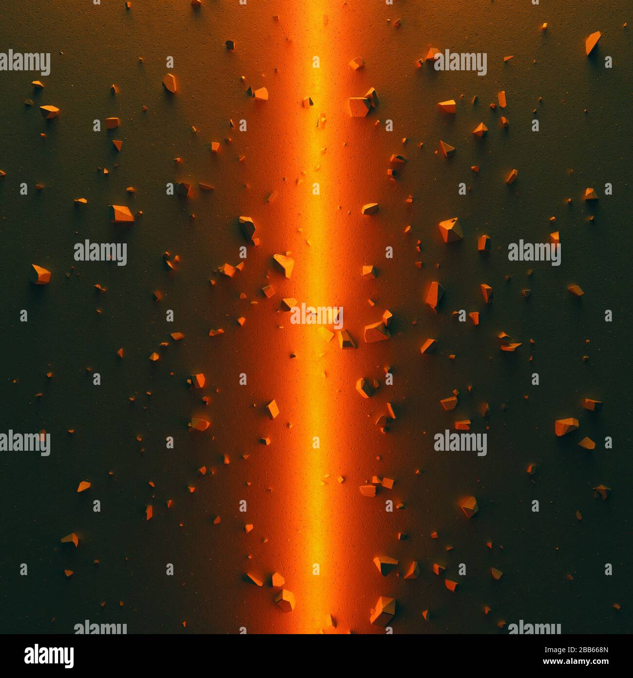 Un arrière-plan cinématographique épique. Sol en béton divisé en deux parties par lumière orange vive. Débris dispersés autour. Illustration tridimensionnelle Banque D'Images