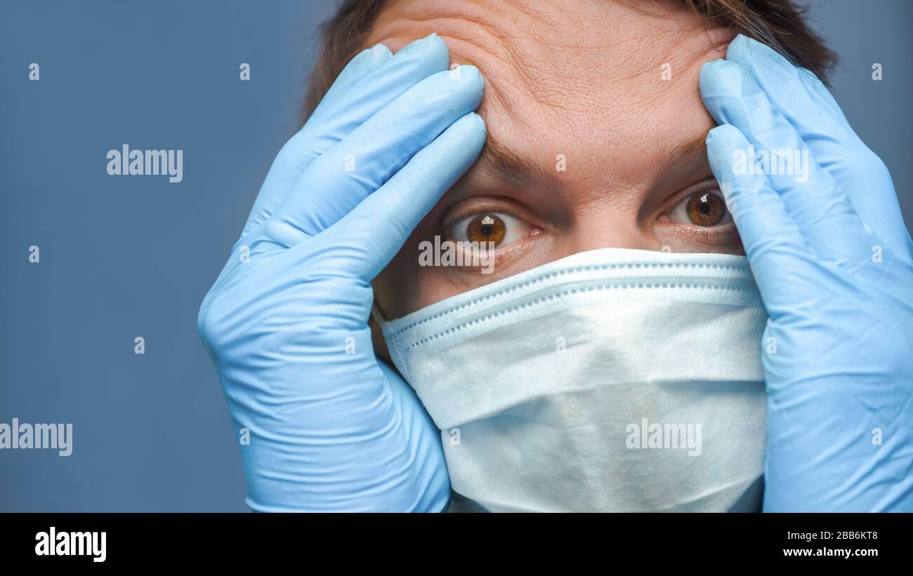 Maladie du coronavirus, visage masculin. COVID-19. Maladie du coronavirus mâle déappariée COVID-19 expression faciale. Pandémie. NCov panique. Santé précise Banque D'Images