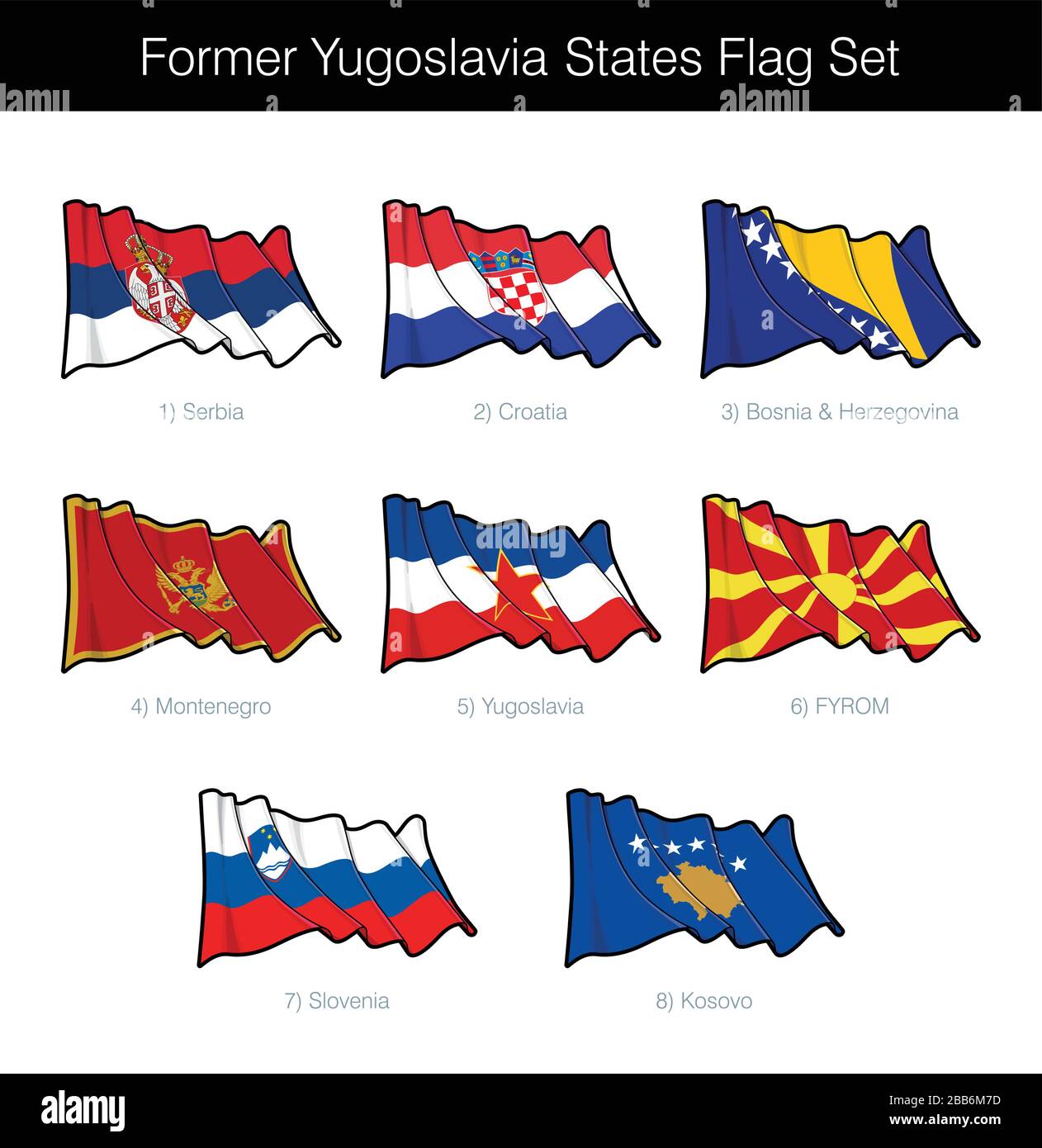Les États de l'ex-Yougoslavie agitant l'ensemble des drapeaux. L'ensemble comprend les drapeaux de la Croatie, de la Serbie, de la Slovénie, de l'ARYM, du Monténégro, de la Bosnie-Herzégovine et du Kosovo. V Illustration de Vecteur