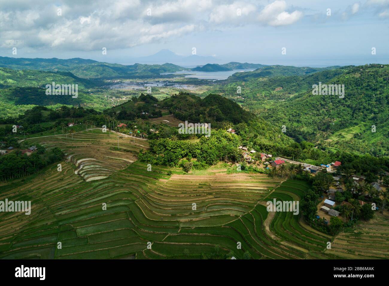 Vue aérienne sur les rizières en terrasse, Mareje, Lombok, West Nusa Tenggara, Indonésie Banque D'Images