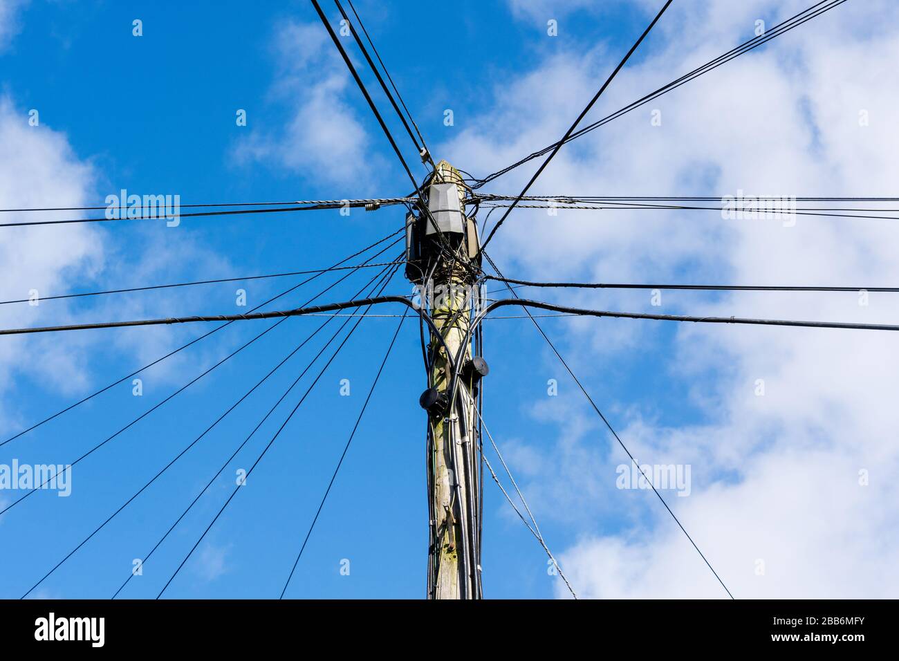 Câbles téléphoniques rayonnant d'un poteau de télégraphe situé à Perry Green, beaucoup Hadham. Hertfordshire. ROYAUME-UNI. Banque D'Images