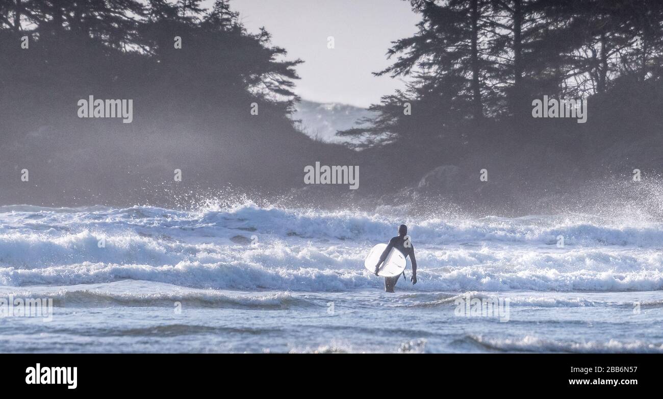 Silhouette d'un surfeur Marche dans le surf, Pacific Rim National Park, Colombie-Britannique, Canada Banque D'Images