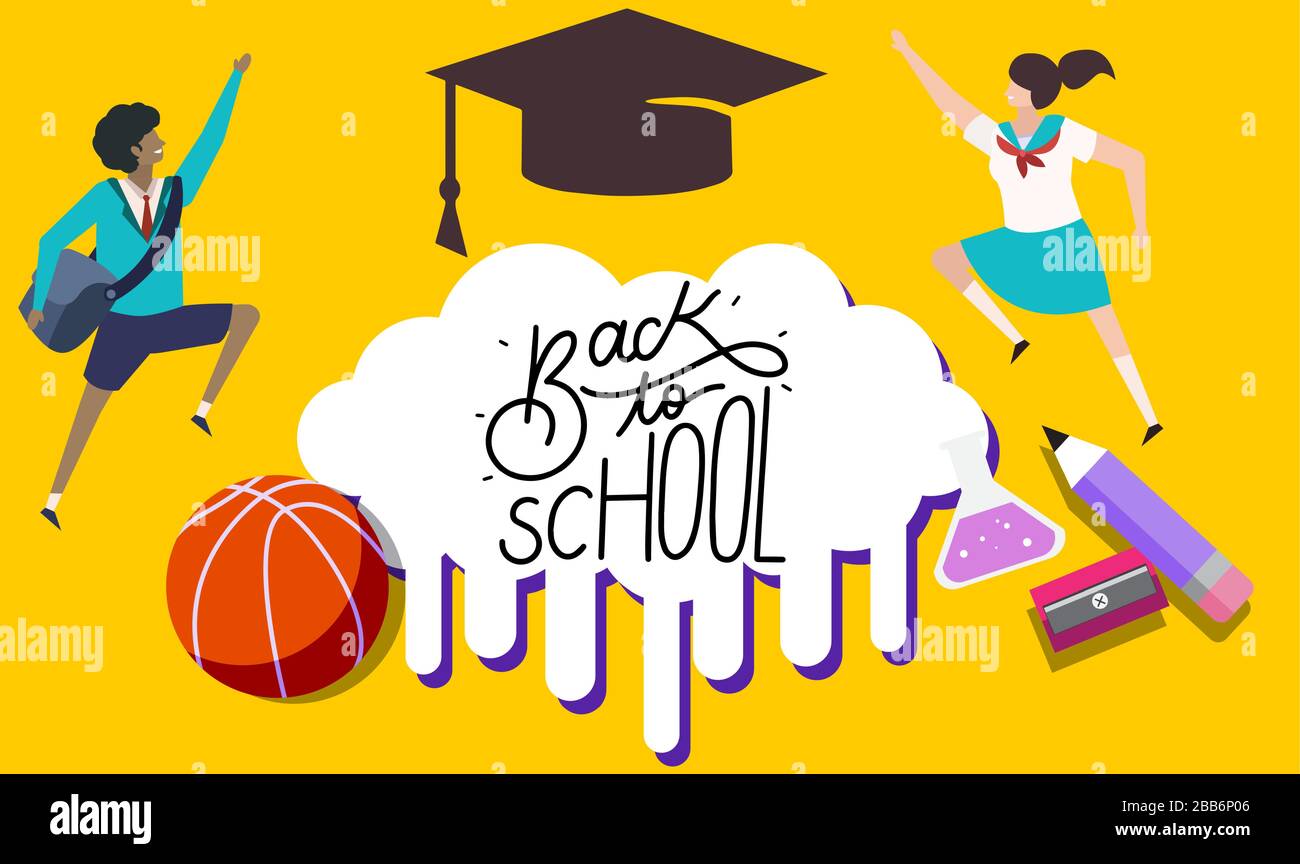 Garçon et fille avec les composantes de l'école sur le fond abstrait Illustration de Vecteur