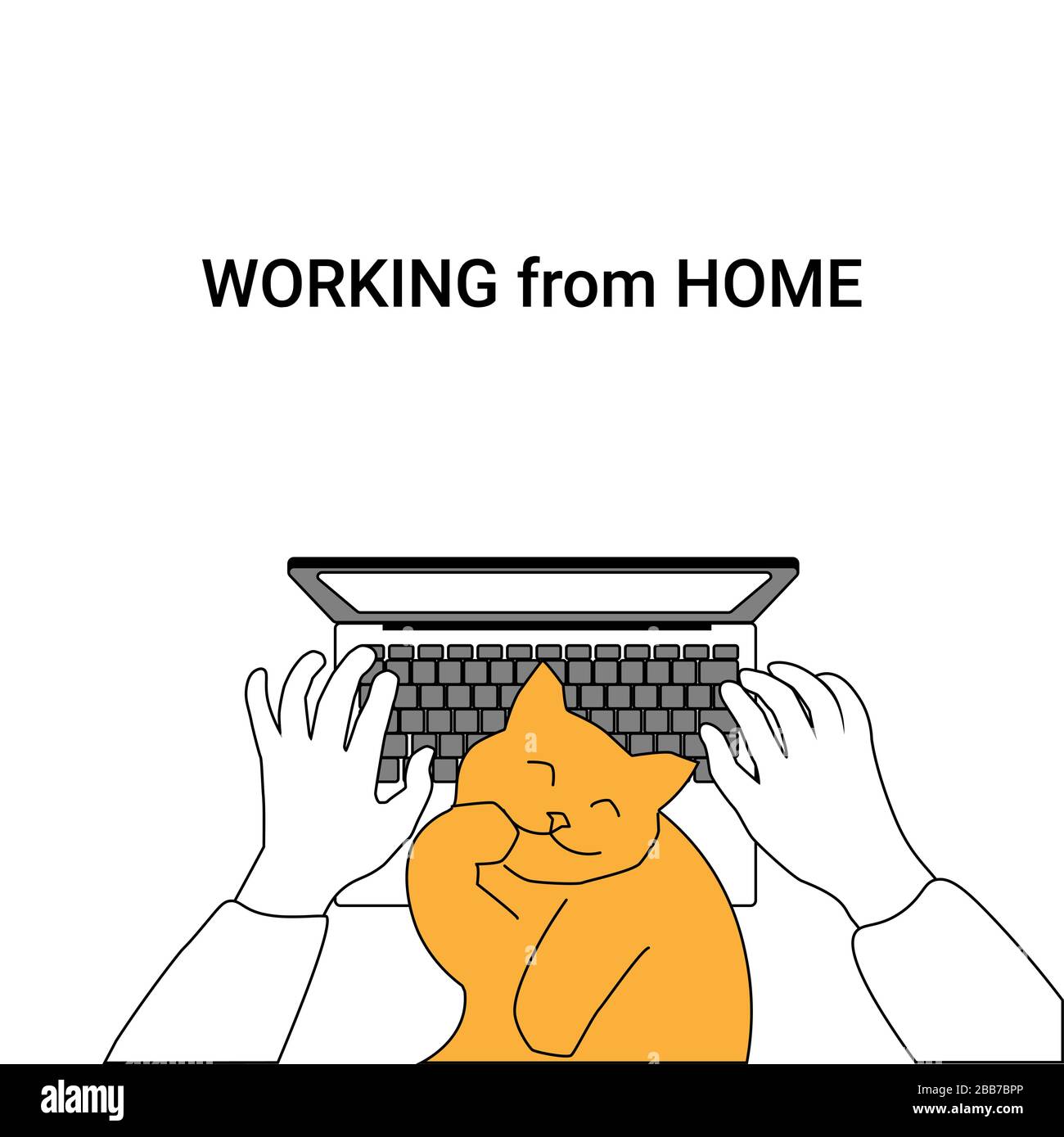 Travailler à domicile ou à distance : saisie des mains sur un ordinateur portable et un chat rouge. Le dessin numérique peut être utilisé dans les cartes de vœux, les affiches, les dépliants, les bannières, les logos, la conception Web, etc. Illustration vectorielle. EPS10 Illustration de Vecteur