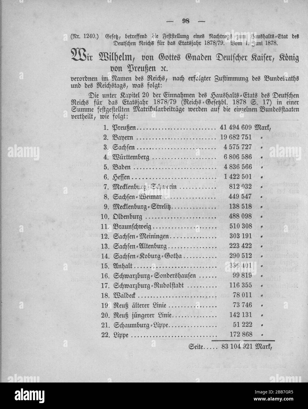 Document juridique officiel; Deutsch: Scan aus dem Deutschen  Reichsgesetzblatt 1878English: Scan from the Imperial Law Gazette of  Germany, 1878; self scannée; ' Photo Stock - Alamy
