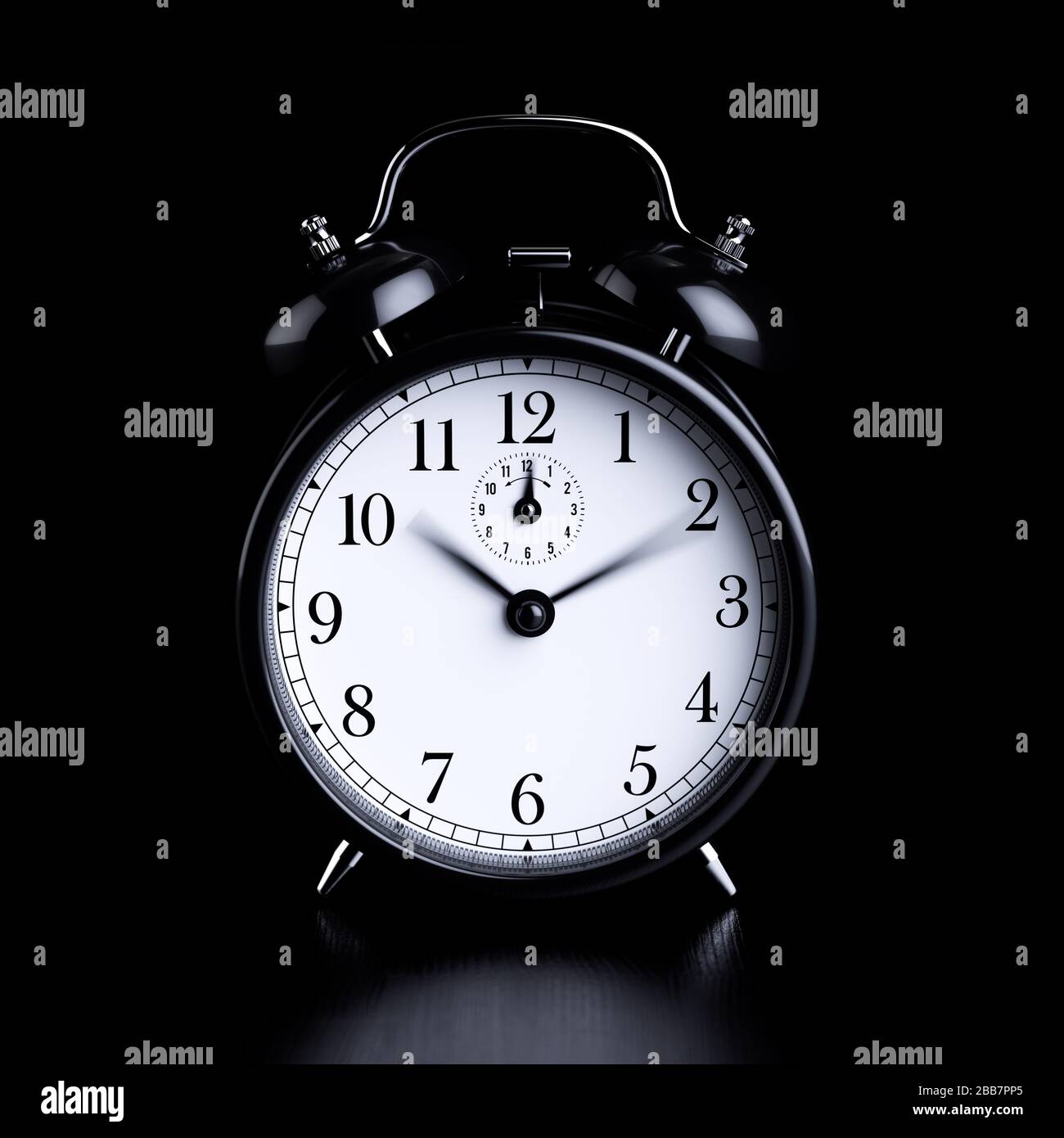 Horloge classique de table noire avec flèches de mouvement floues isolées sur un fond noir. illustration du rendu 3d Banque D'Images