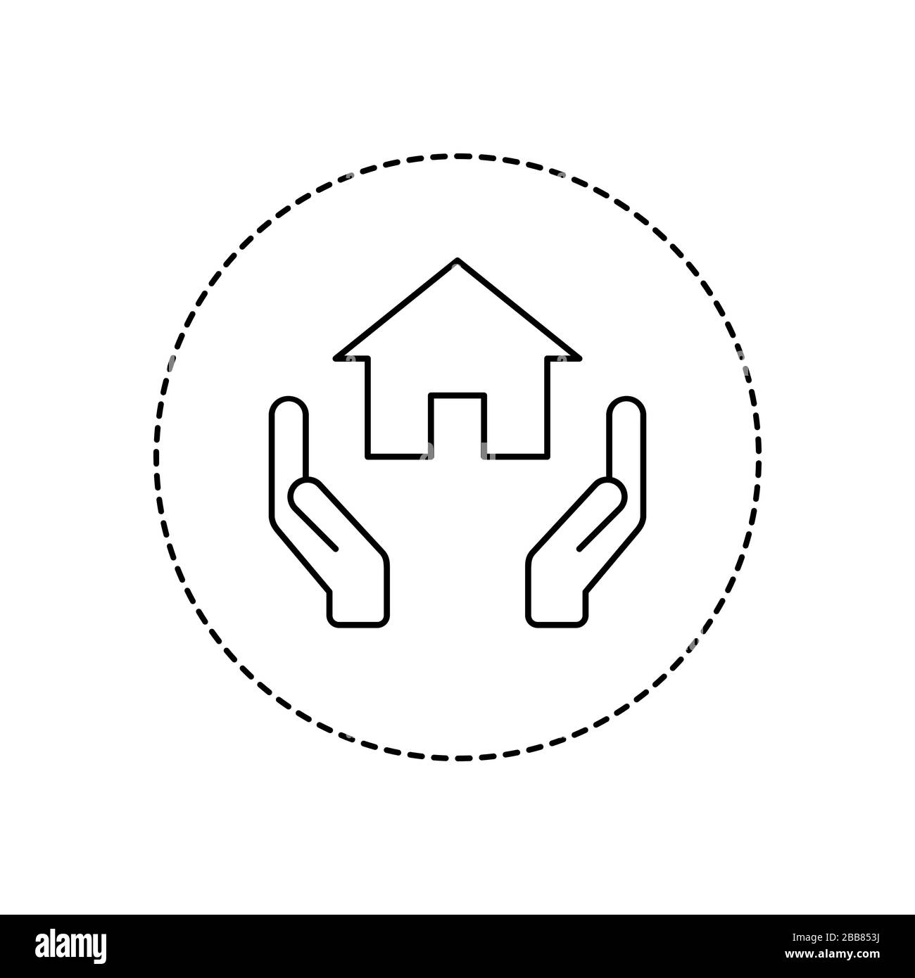 Les mains tenant l'icône de ligne de maison dans un cercle. Logo immobilier ou logement. Maison douce idée de maison. Plan du panneau d'accueil du bâtiment. Symbole soin de la famille. Illustration de Vecteur