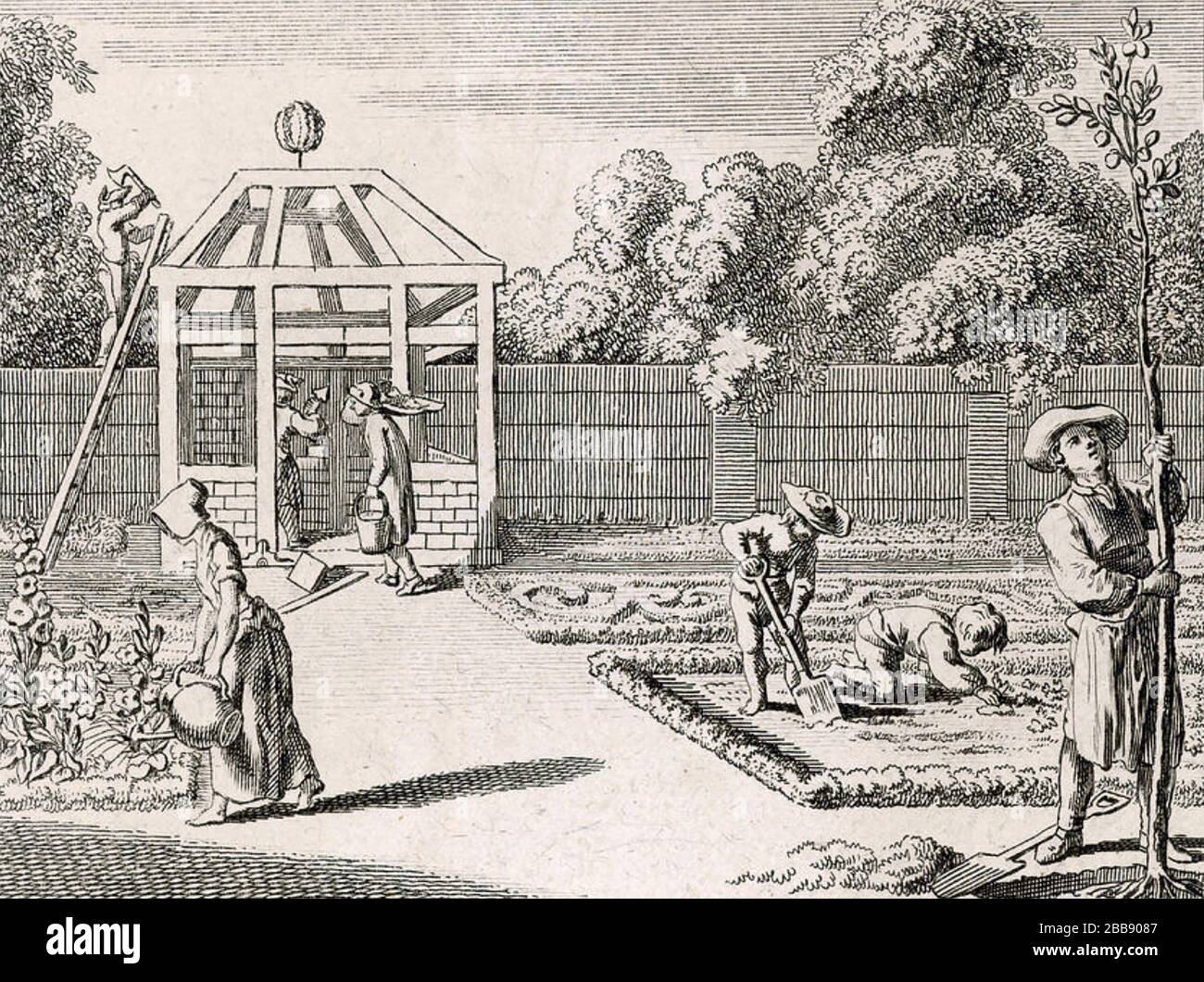 JARDINAGE une gravure du XVIIe siècle a débriété un jardin en construction Banque D'Images