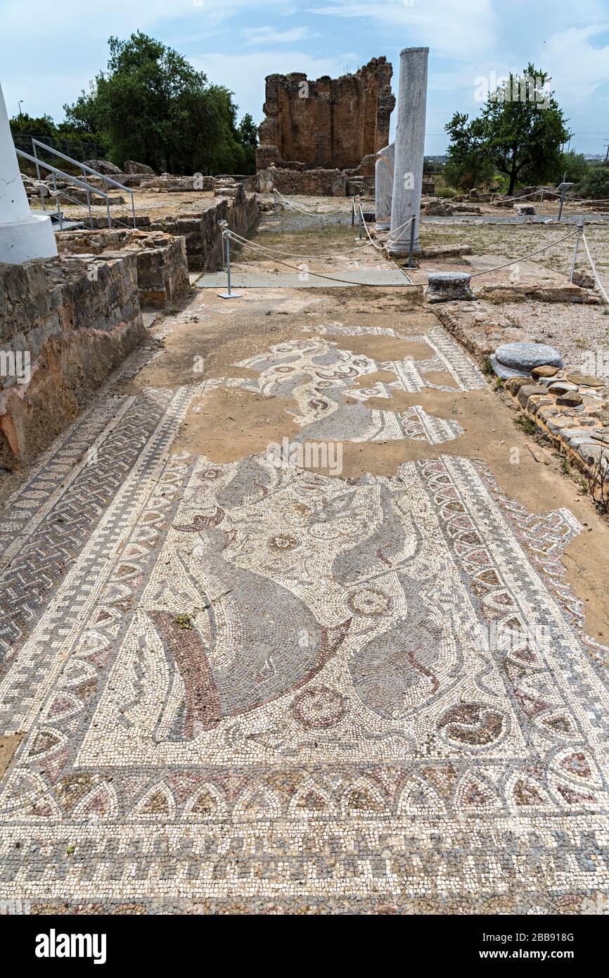 Mosaïque des dauphins, ruines romaines, Milreu, Algarve, Portugal Banque D'Images