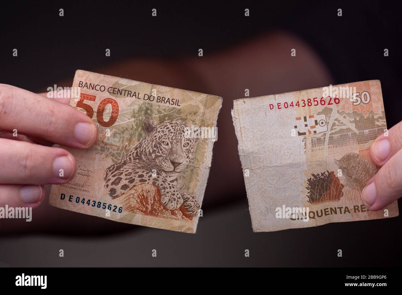 Deux mains montrant et tenant un vrai billet brésilien arraché de moitié. Le studio à touches faibles offre encore une vie avec une surface noire et un arrière-plan gris foncé Banque D'Images