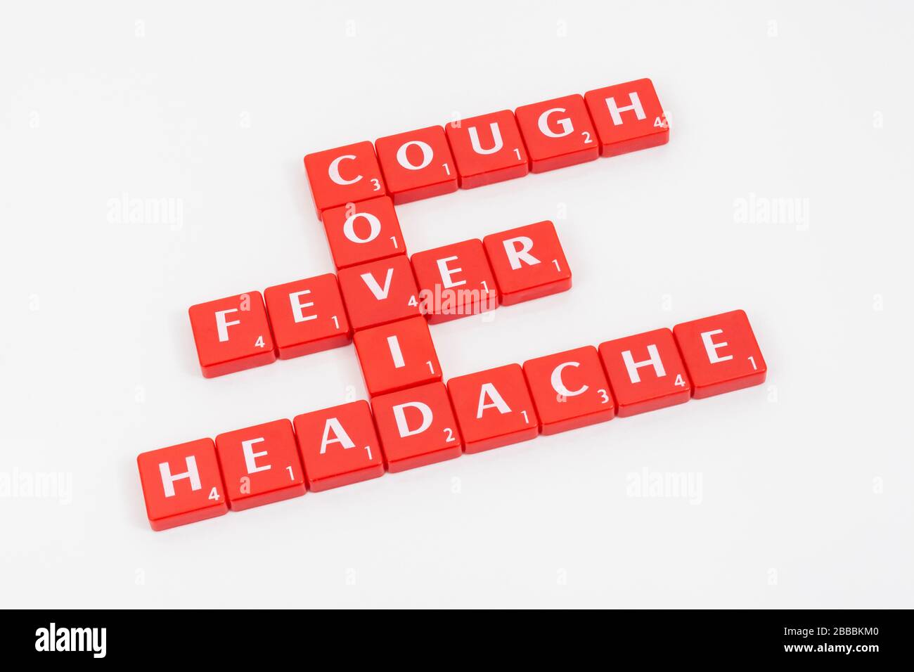Carreaux de lettre représentant le coronavirus précoce / Covid-19 symptômes CV19 : maux de tête, toux, fièvre. Maux de tête symptomatiques dans quelques 10 à 13% des cas, donc pas toujours Banque D'Images
