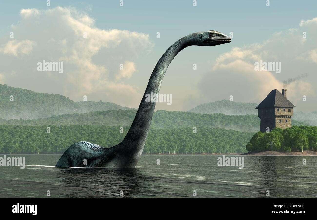 Nessie, le célèbre monstre du lac du Loch Ness en Écosse, se réarque des eaux du lac. Un château se trouve sur les rives derrière. Rendu 3D Banque D'Images