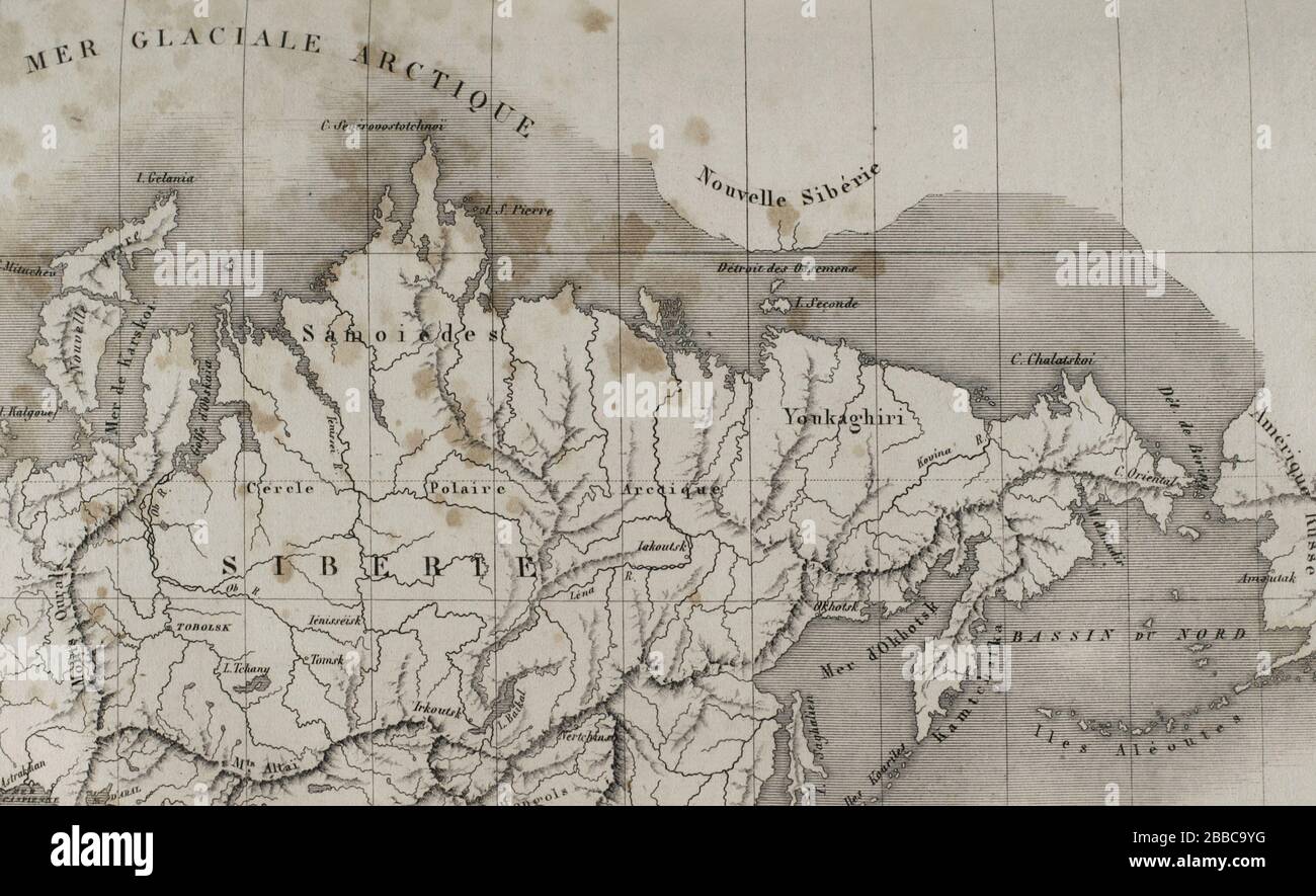 Rusia. Mapa de Sibérie. Grabado por Lemaitre. Historia de Rusia por Chopin. Panorama universel, edición española de 1839. Banque D'Images