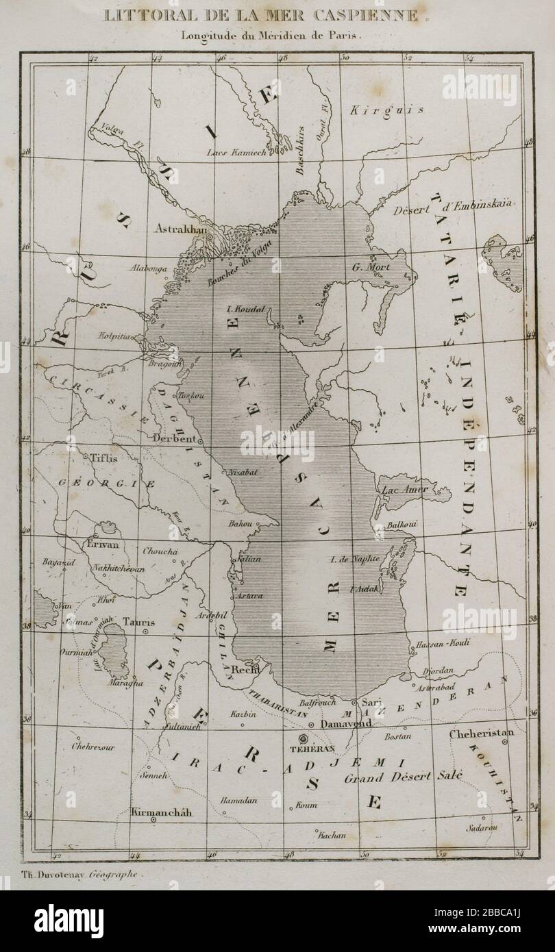 Litoral del Mar Caspio. Mapa por el geógrafo e. Duvotenay. Historia de Rusia por Chopin. Panorama universel, edición española de 1839. Banque D'Images