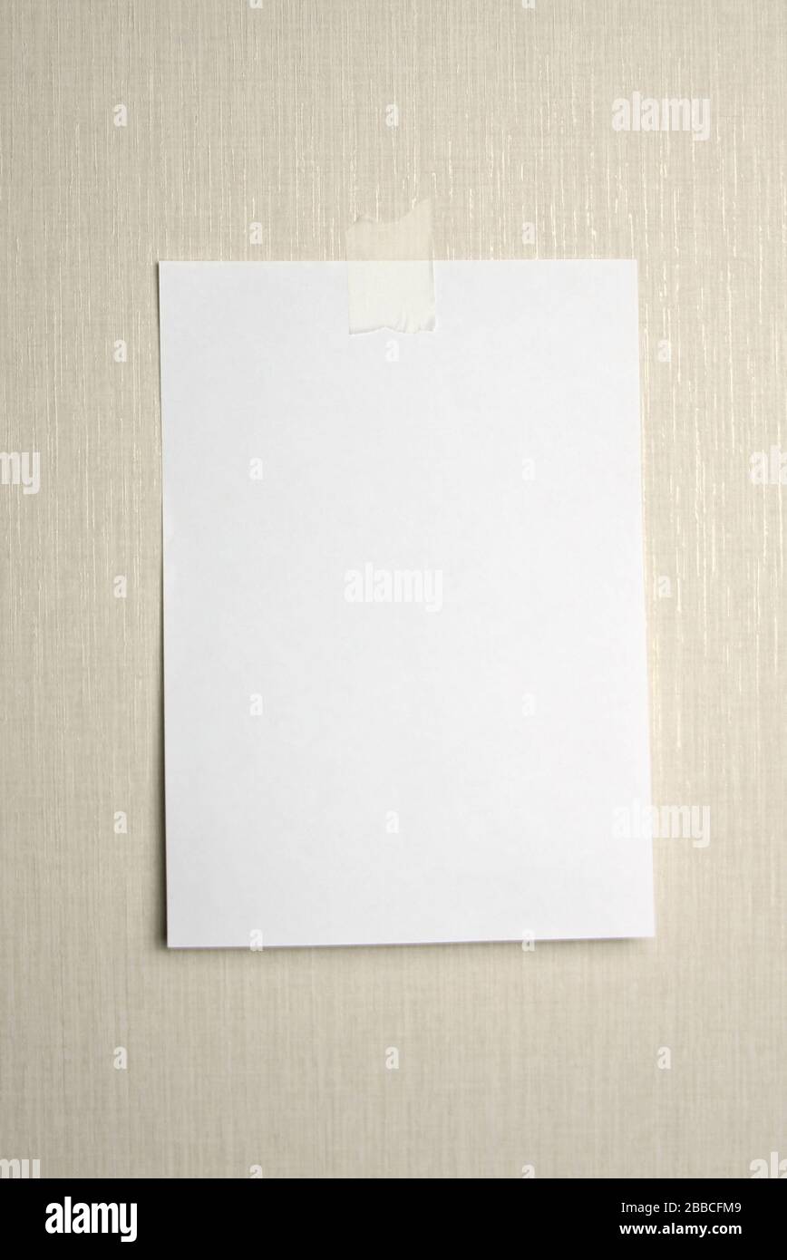 A 4 feuille de papier blanche accrochée sur un mur collé avec un morceau de ruban adhésif sur fond clair. Banque D'Images