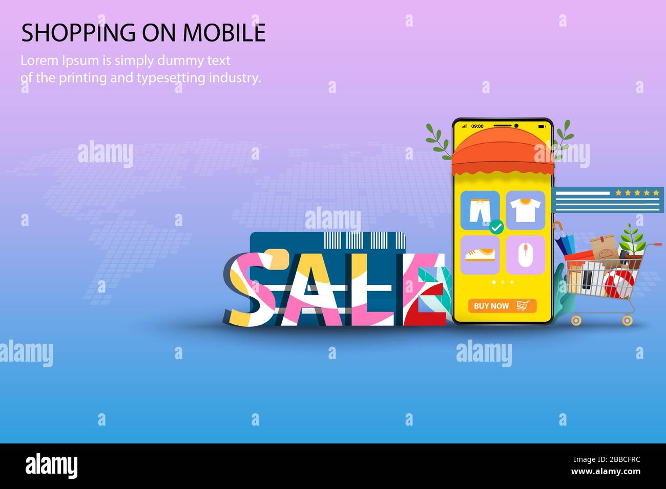 Concept d'achats en ligne, formulation colorée « ALE » près du panier de super-marché avec des produits et un smartphone que l'affichage contient la liste des produits Illustration de Vecteur