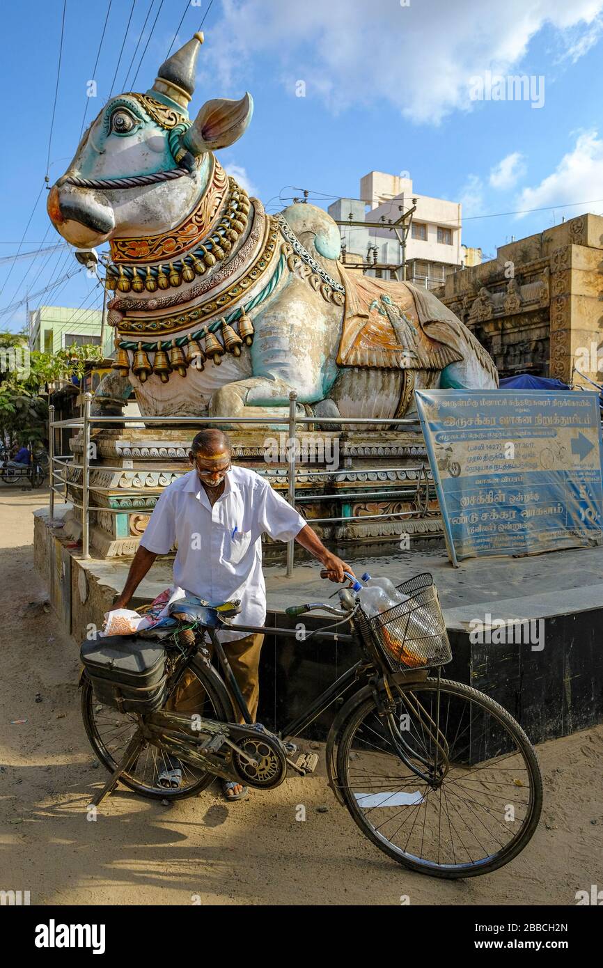 Madurai, Inde - Mars 2020: Un homme garant sa bicyclette à côté du bleu Nandi en face de l'entrée du Pudhu Mandapa le 10 mars 2020 à Madur Banque D'Images