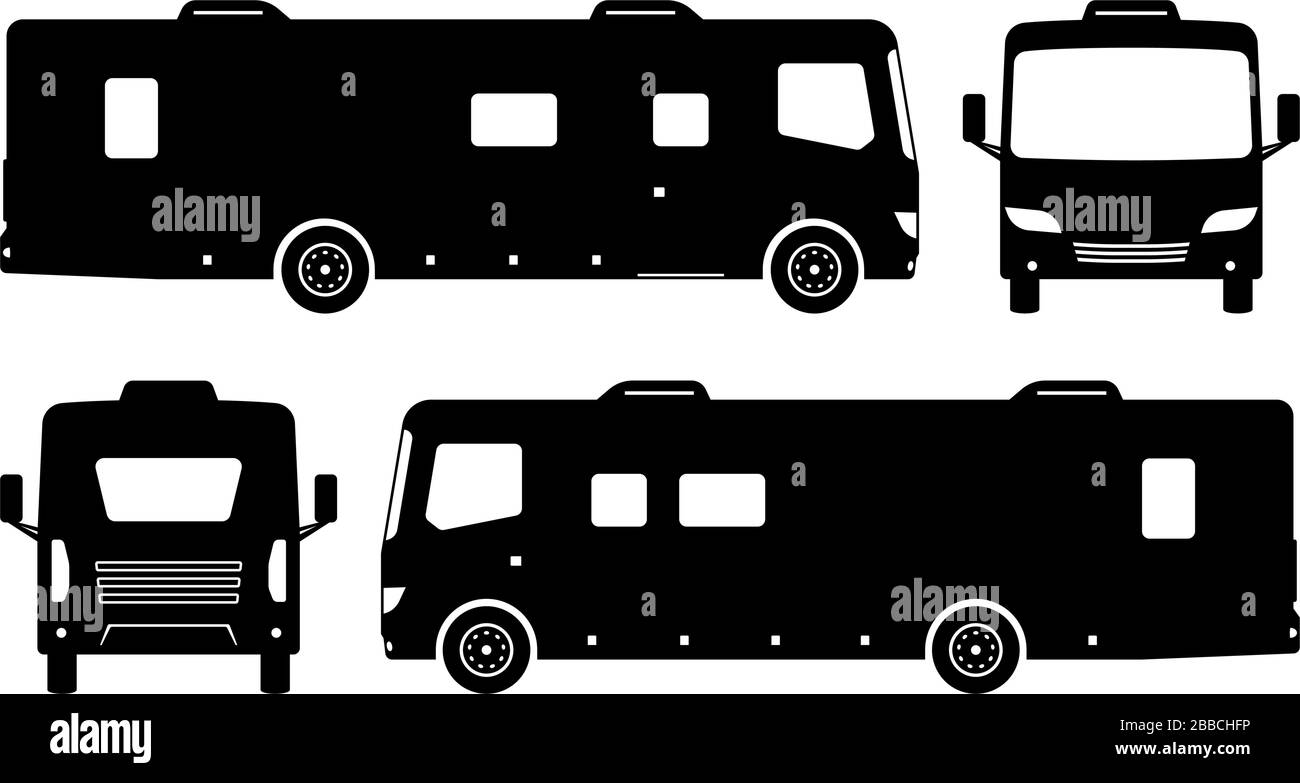Silhouette de camping-cars RV sur fond blanc. Les icônes du véhicule définissent la vue du côté, de l'avant et de l'arrière Illustration de Vecteur