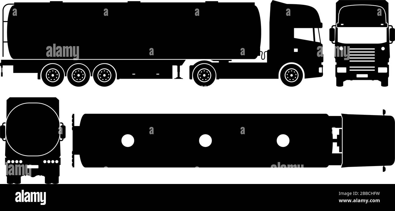 Silhouette de camion-citerne sur fond blanc. Les icônes du véhicule définissent la vue du côté, de l'avant, de l'arrière et du haut Illustration de Vecteur