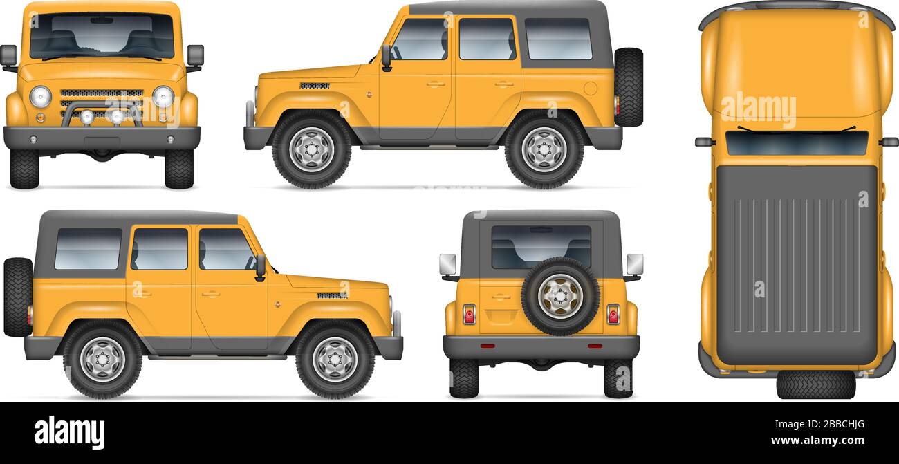 Mockup vectoriel de voiture d'offfroad pour la marque de véhicule, la publicité, l'identité d'entreprise. Tous les éléments des groupes sur des calques distincts pour une modification facile Illustration de Vecteur