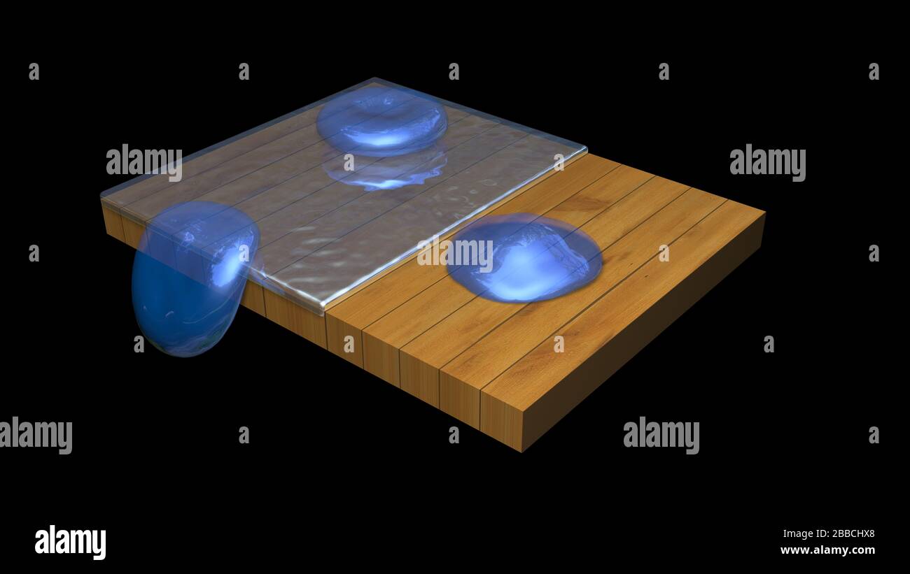 Des gouttes d'eau entrent en collision avec la surface imperméable . Rendu tridimensionnel des nanomatériaux pour le collage de bois Banque D'Images