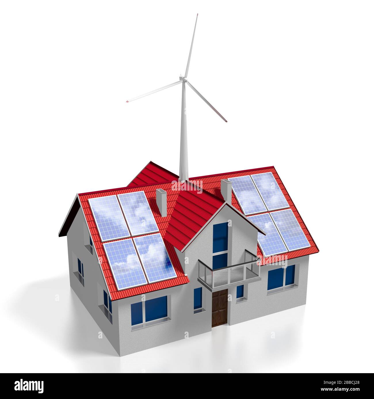 Panneaux solaires tridimensionnels installés sur un toit, éolienne Banque D'Images