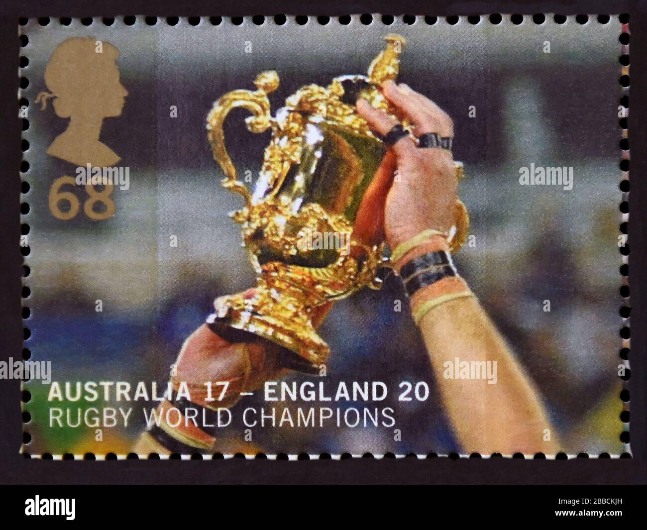 Timbre-poste. Grande-Bretagne. La reine Elizabeth II Victoire de l'Angleterre au championnat du monde de Rugby, Australie. 1ère. 2003. Banque D'Images