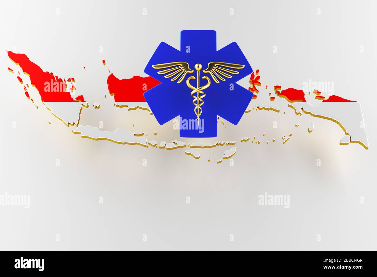 Signe caduque avec des serpents sur une étoile médicale. Carte de la frontière terrestre de l'Indonésie avec le drapeau. Carte de l'Indonésie sur fond blanc. rendu tridimensionnel Banque D'Images