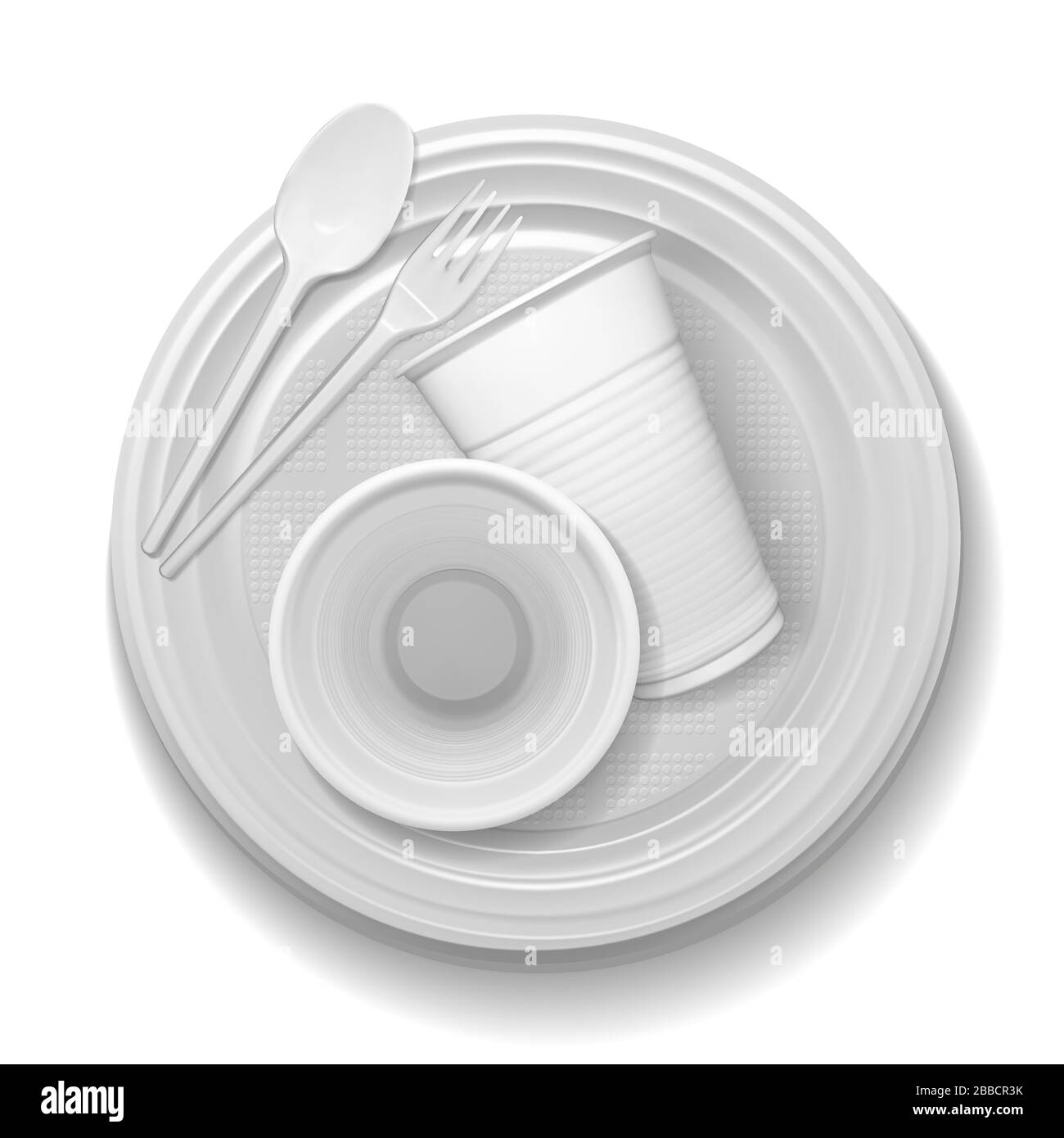Ensemble de plats en plastique réalistes en relief sur fond blanc Illustration de Vecteur