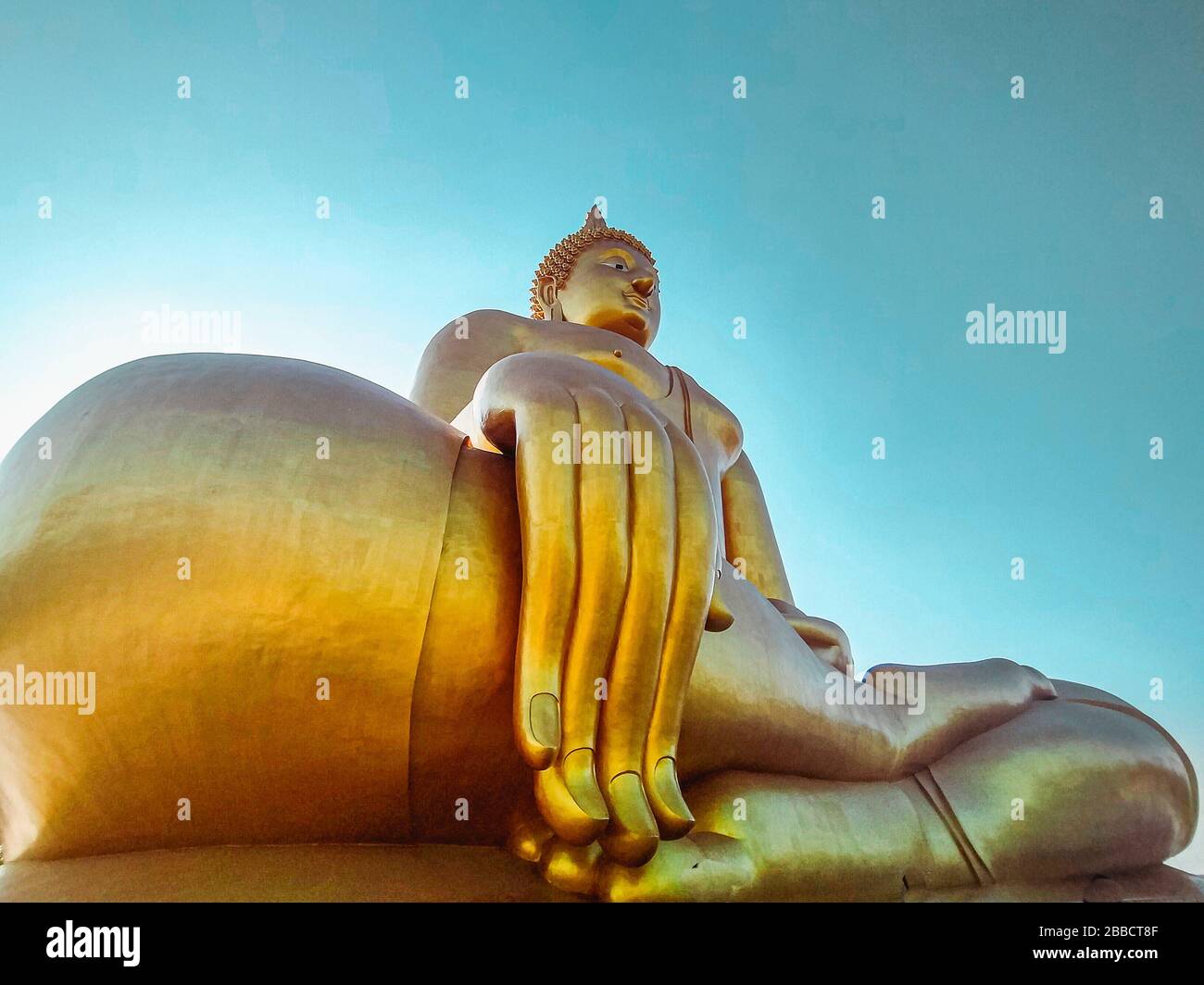 Gros plan de la grande statue de Bouddha avec le ciel bleu à Wat Tha Muang Thaïlande. Les statues de Bouddha d'or les plus emblématiques Banque D'Images
