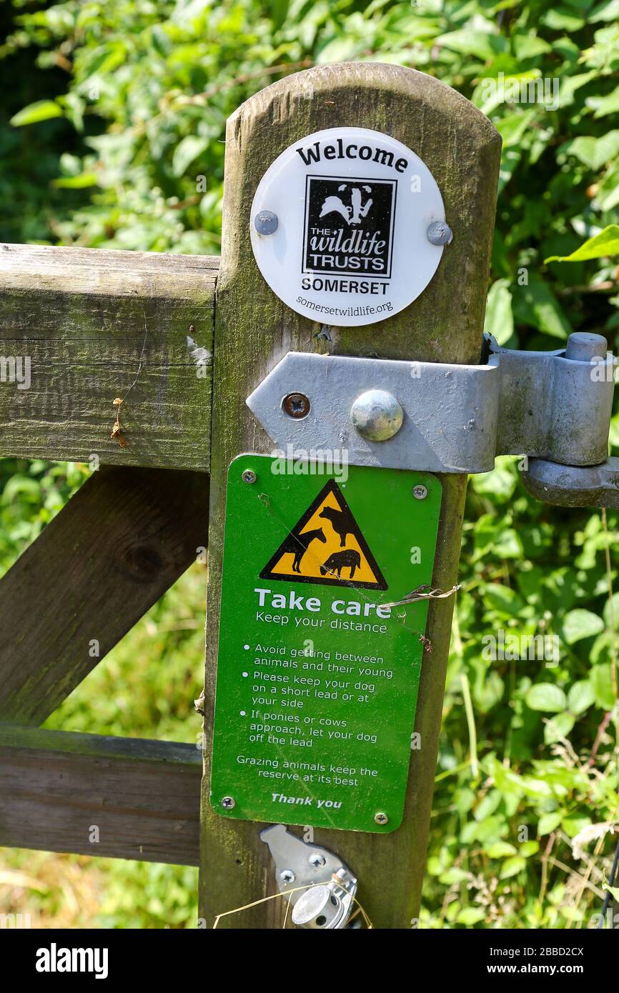 Un panneau sur une porte vous souhaite la bienvenue sur le site Somerset Wildlife Trusts, Somerset, Angleterre, Royaume-Uni Banque D'Images