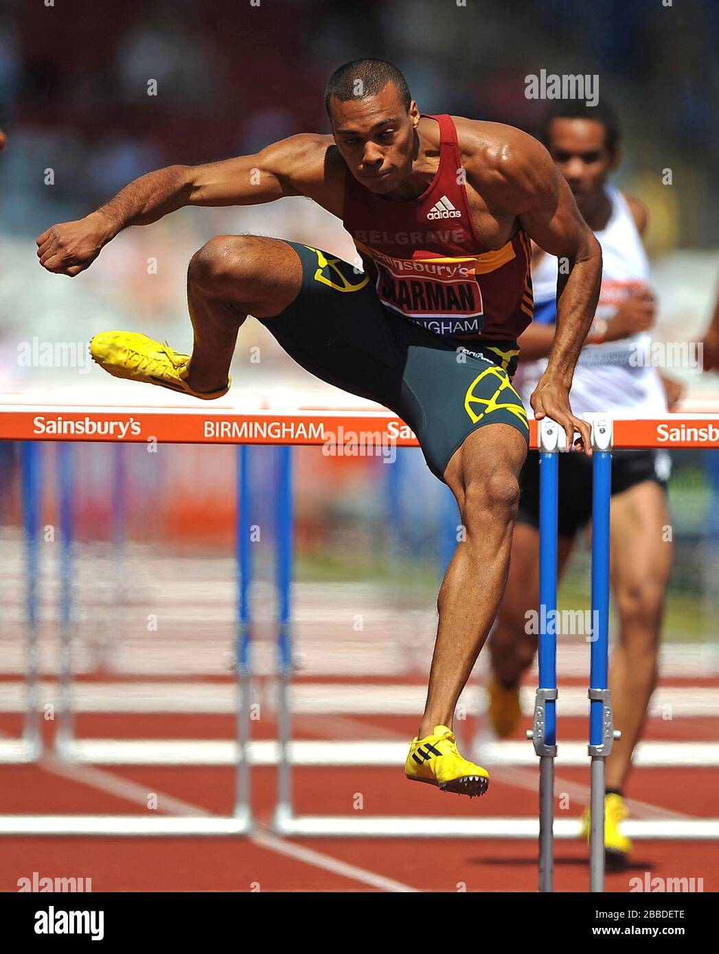 William Sharman (Belgrave Harriers) pendant les 110 mètres d'haies pour hommes chauffe. Banque D'Images