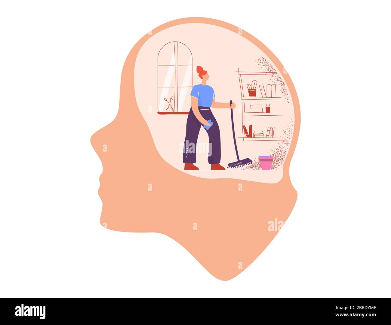 Femme de ménage de dessin animé avec balai à franges et chiffon nettoyer la salle à l'intérieur de la tête géante illustration plate vectorielle Illustration de Vecteur