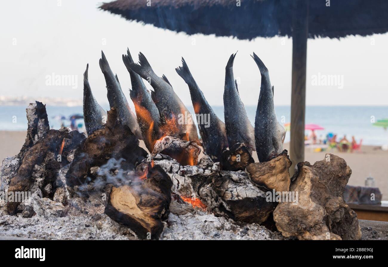 La Cala de Mijas, Costa del sol, province de Malaga, Andalousie, sud de l'Espagne. Rôtissage de poissons sur feu ouvert à l'extérieur du restaurant de la plage, connu sous le nom de ch Banque D'Images