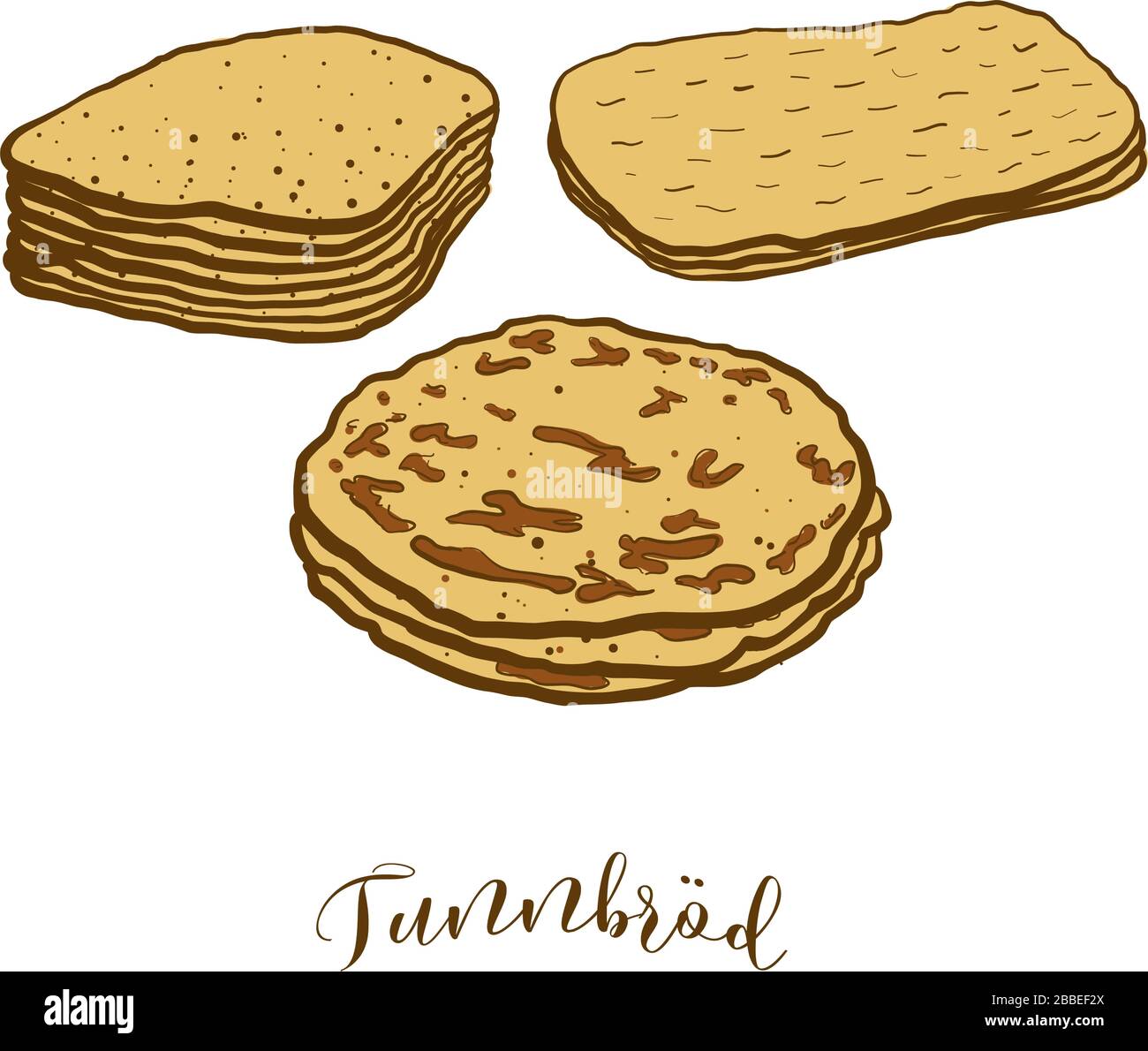 Dessin coloré de pain Tunnbröd. Illustration vectorielle de plats à base de pain plat, généralement connus en Suède. Croquis de pain colorés. Illustration de Vecteur