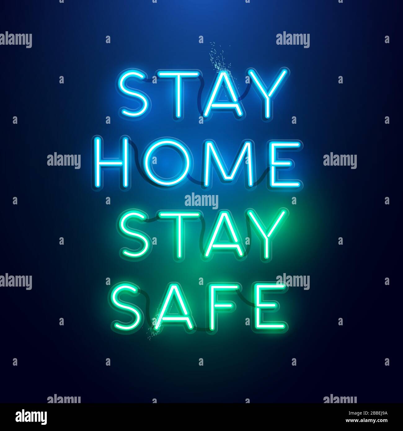 Message texte avec lettre au tube au néon brillant - restez en sécurité chez vous. Illustration vectorielle. Illustration de Vecteur