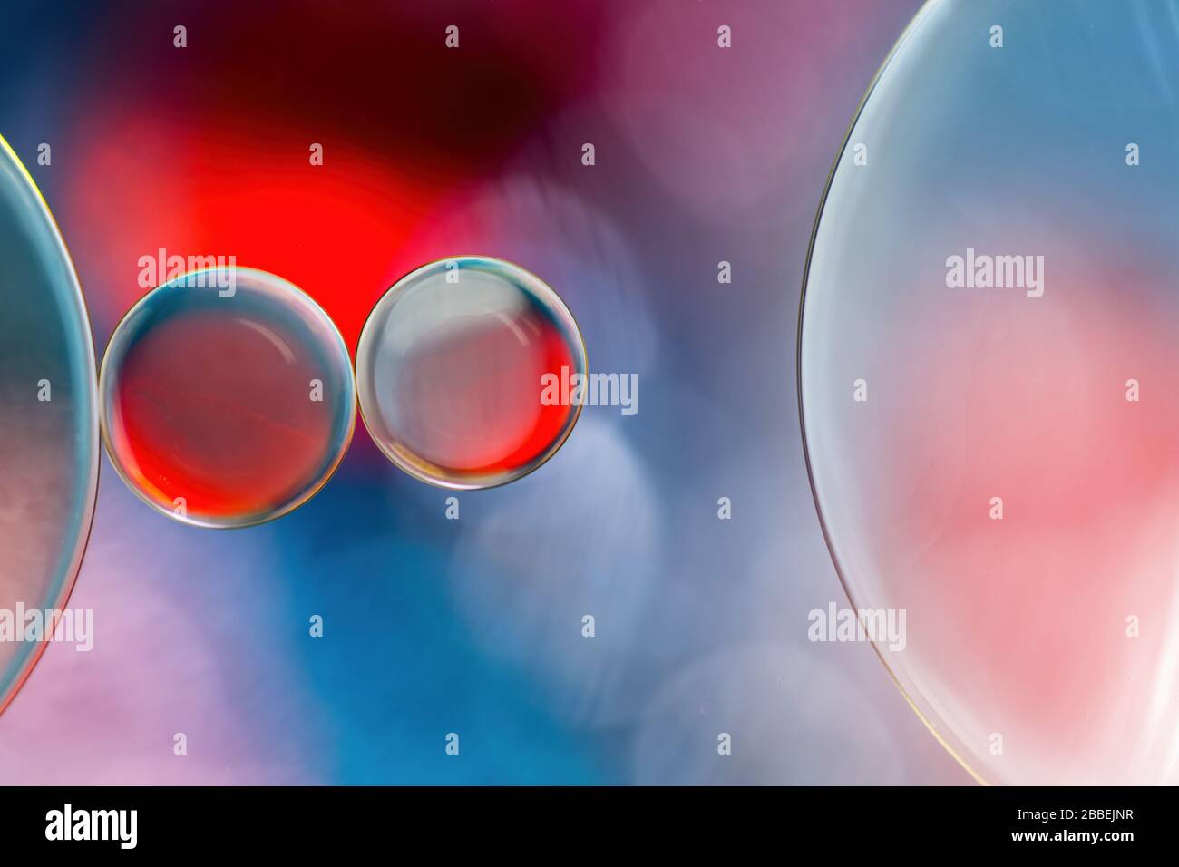 Gros plan coloré de gouttes d'huile flottant sur l'eau Banque D'Images