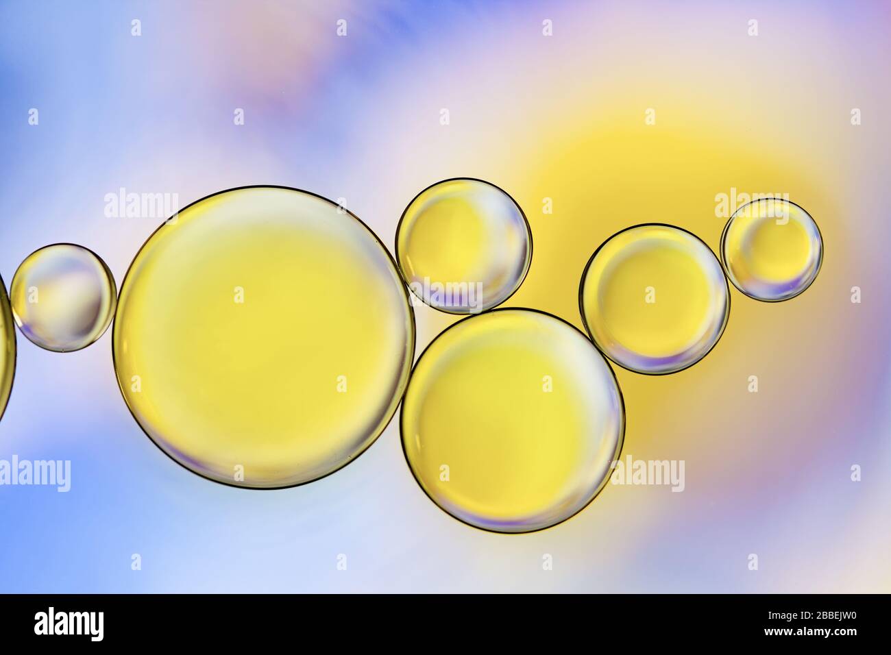 Gros plan coloré de gouttes d'huile flottant sur l'eau Banque D'Images