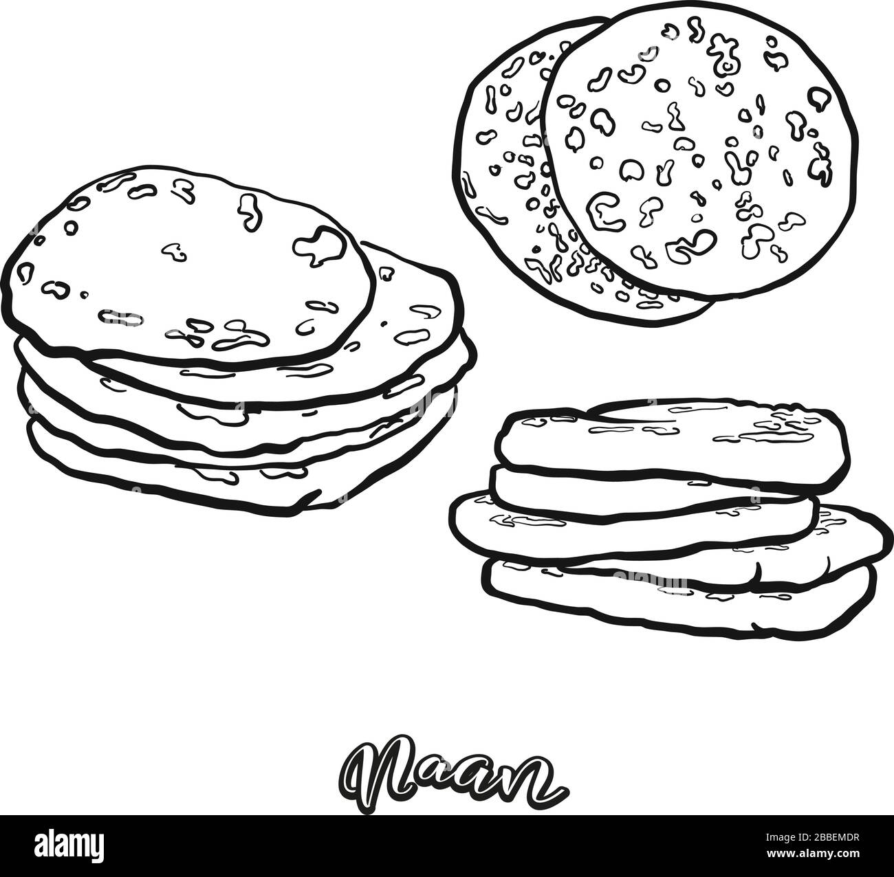 Esquisse de nourriture naan séparée sur blanc. Dessin vectoriel de Flatbread, généralement connu en Asie. Série d'illustrations alimentaires. Illustration de Vecteur