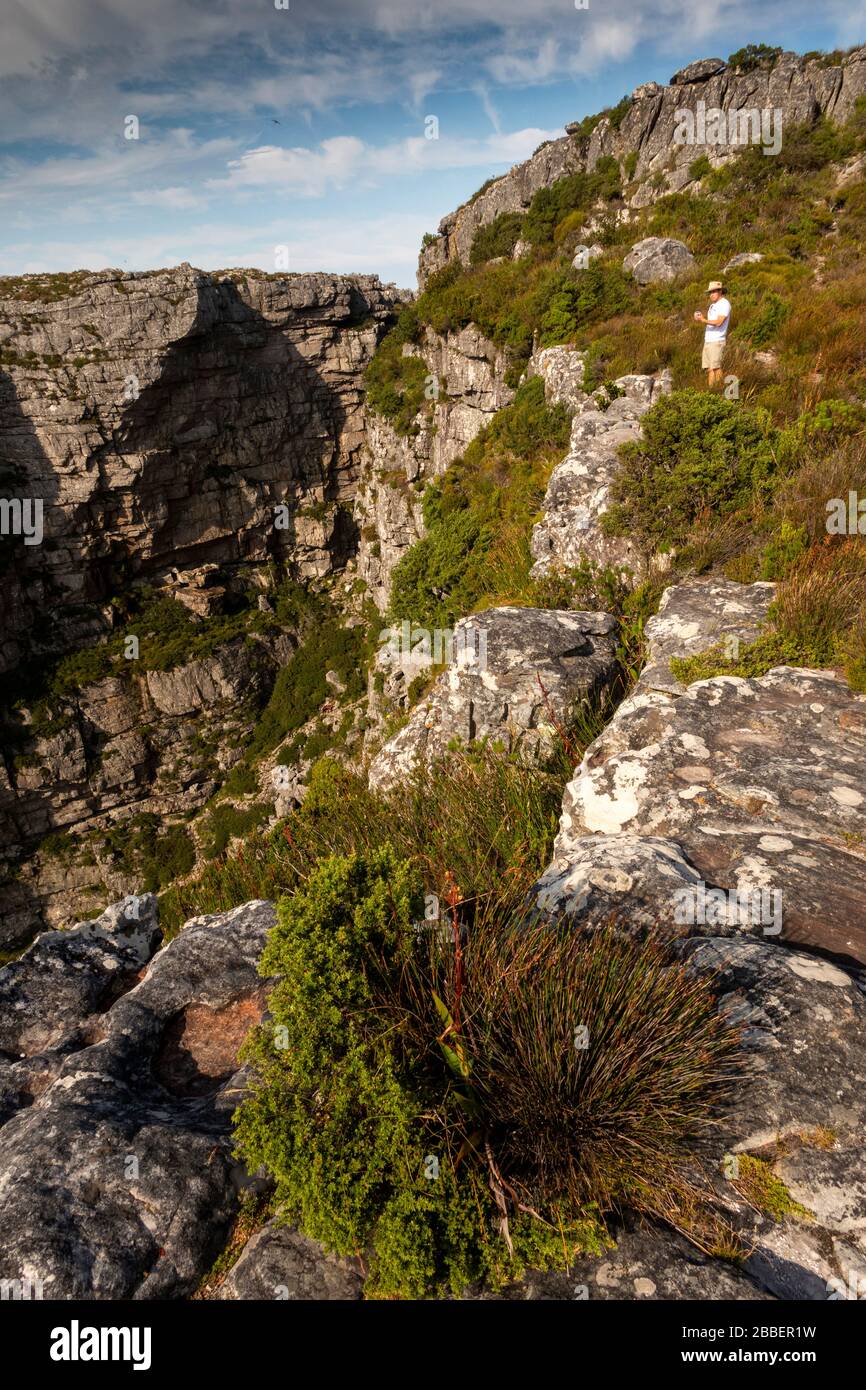 Afrique du Sud, le Cap, Table Mountain, homme au bord rocheux de la gorge de Plattenklip Banque D'Images