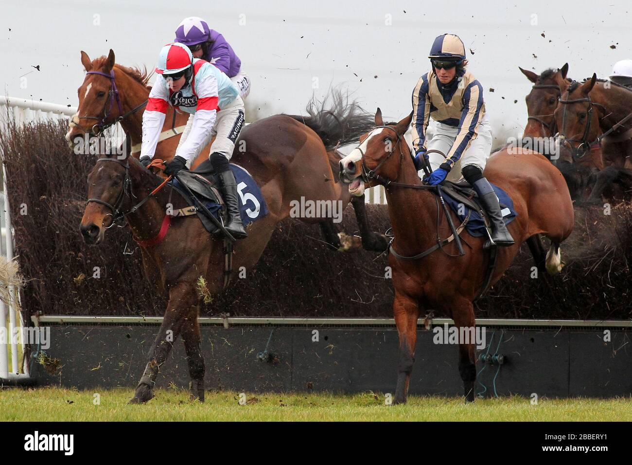 Mentoralist monté par Aidan Coleman (5) dans l'action de saut dans le John Bigg Oxo handicap Chase Banque D'Images