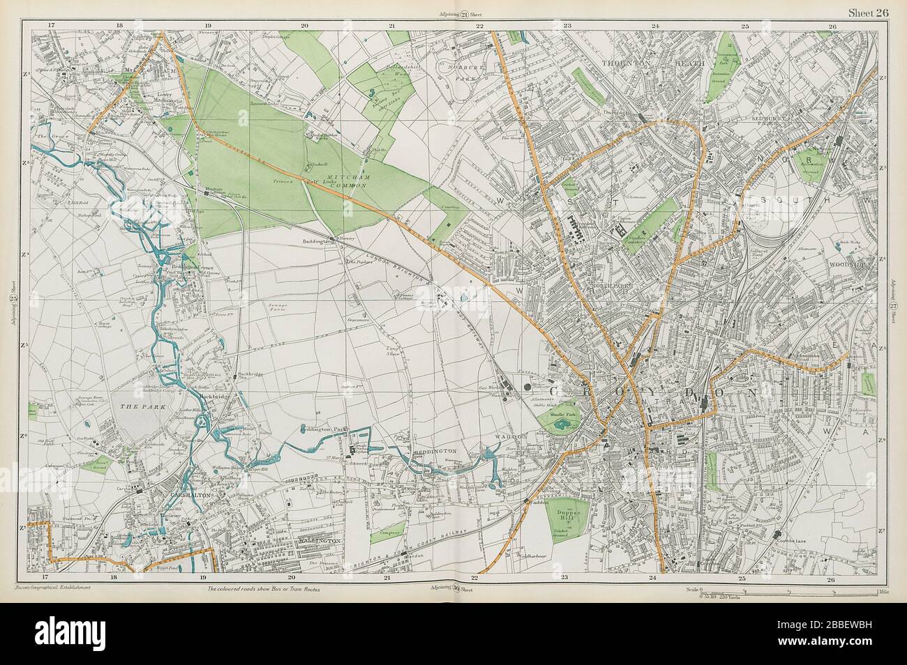 CROYDON Mitcham Carshalton Wallington Thornton Heath Beddington. BACON 1913 carte Banque D'Images