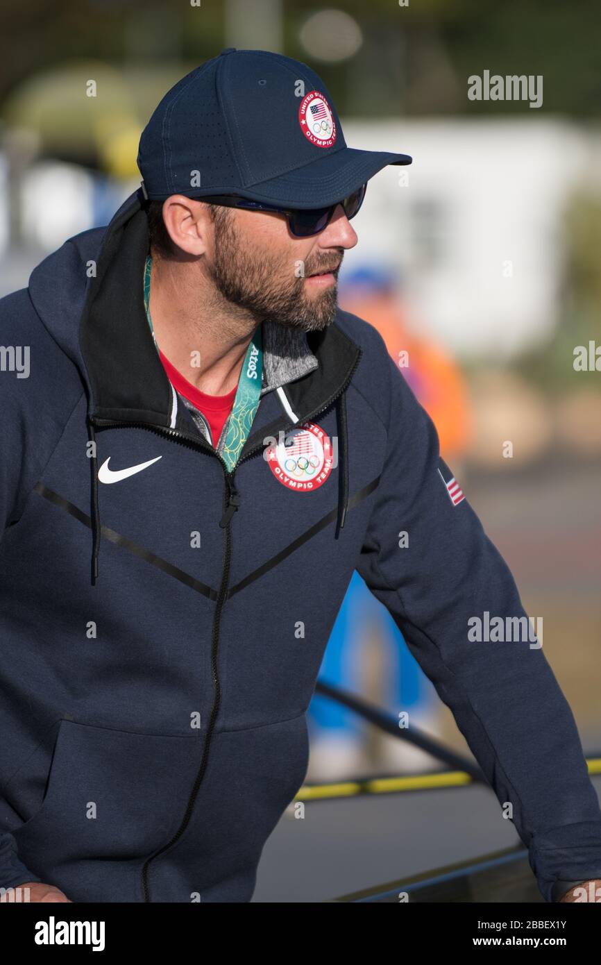 Rio de Janeiro. BRÉSIL États-Unis entraîneur Bryan VOLPENHEIN . Régate olympique de remorquage 2016. Stade Lagoa, Copacabana, ÒOlympic été GamesÓ Rodrigo de Freitas Lagoon, Lagoa. Heure locale 07:27:16 Jeudi 11/08/2016 [crédit obligatoire; Peter SPURRIER/Intersport Images] Banque D'Images