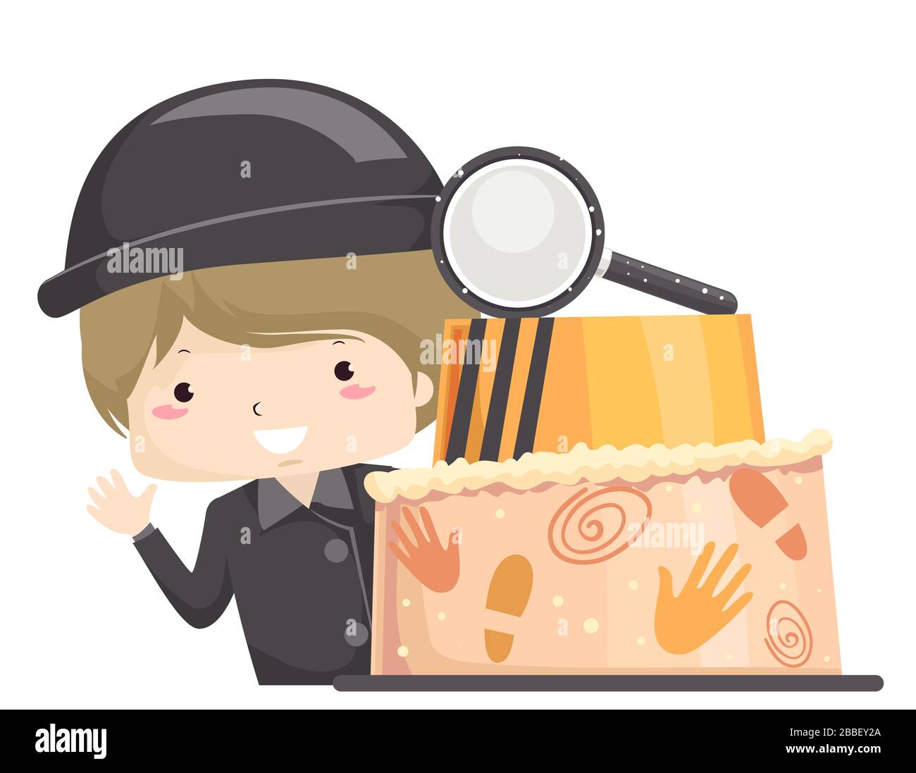 Illustration d'un garçon de Kid portant un costume Detective avec son gâteau d'anniversaire à thème mystère avec loupe et imprimés Banque D'Images