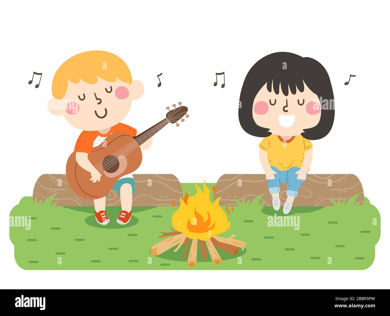 Illustration des enfants chantant et jouant à la guitare devant un Bonfire Banque D'Images