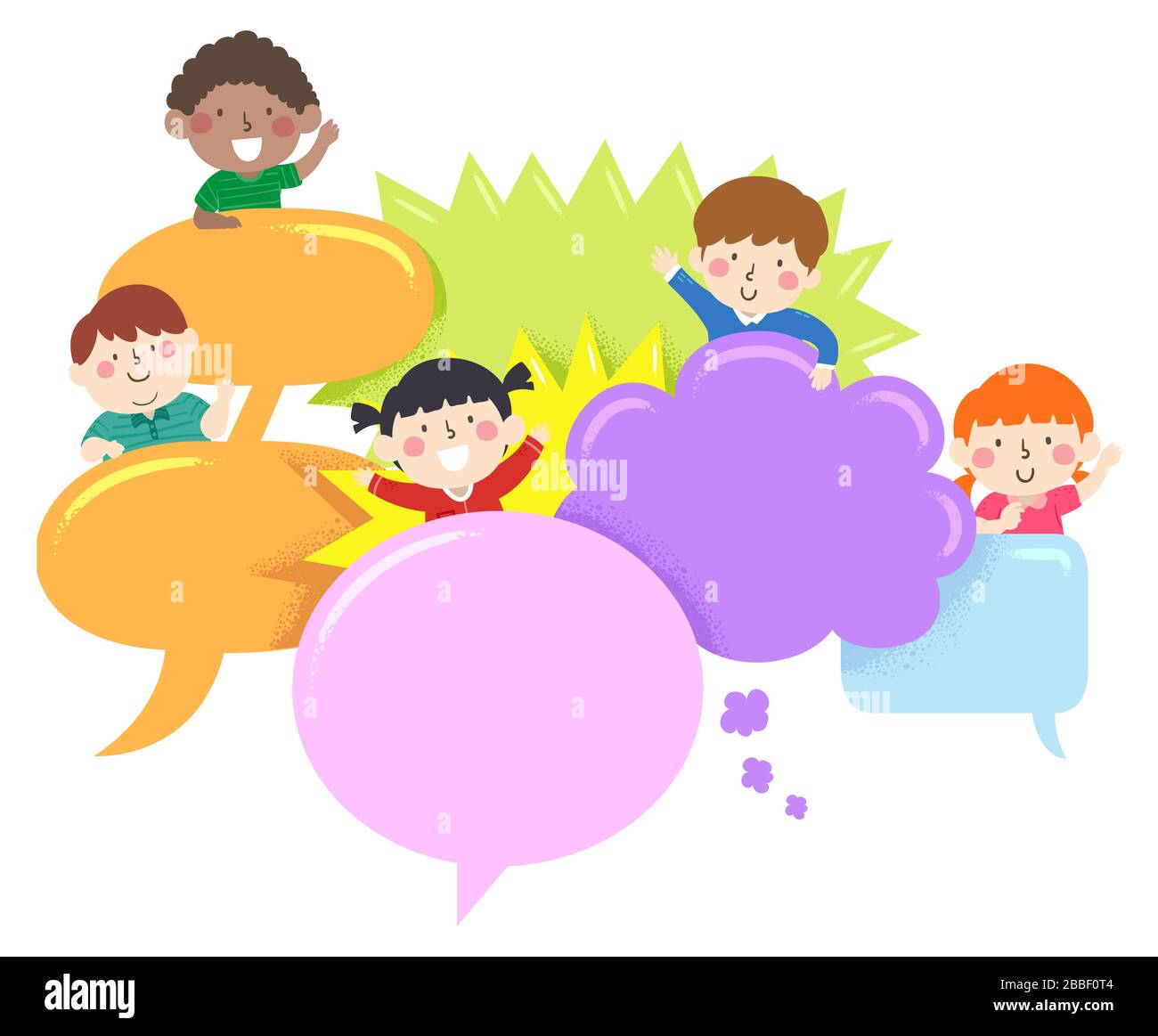 Illustration de l'agonie des enfants et se tenant derrière différents types et couleurs des bulles de parole Banque D'Images