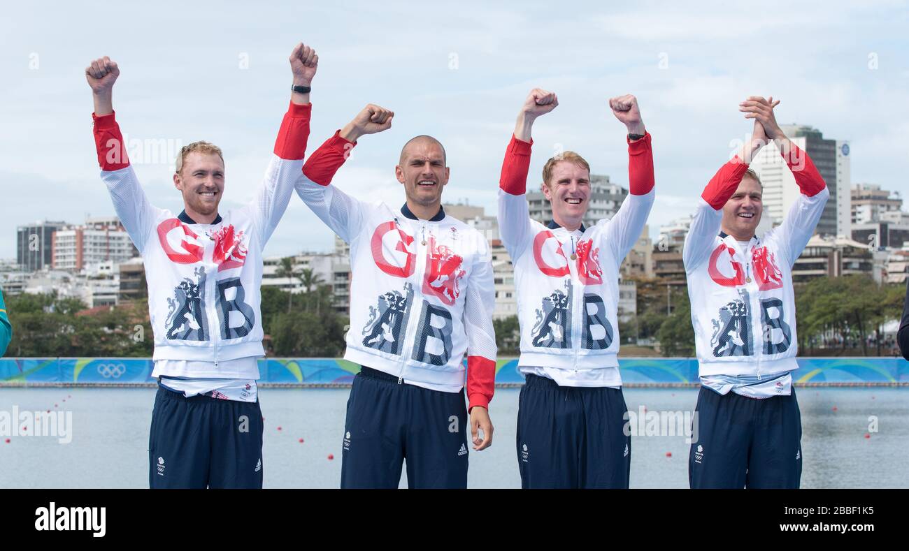 Rio de Janeiro. BRÉSIL médaillée d'or – quatre finales pour Homme. GBR 4-, noeud. Alex GREGORY, No SHIBI, George NASH et Stan LOULOUDIS., régate olympique de remorquage 2016. Lagoa Stadium, Copacabana, “Jeux Olympiques d’été” Rodrigo de Freitas Lagoon, Lagoa. Heure locale 16:53:54 vendredi 12/08/2016 [crédit obligatoire; images Peter SPURRIER/Intersport] Banque D'Images