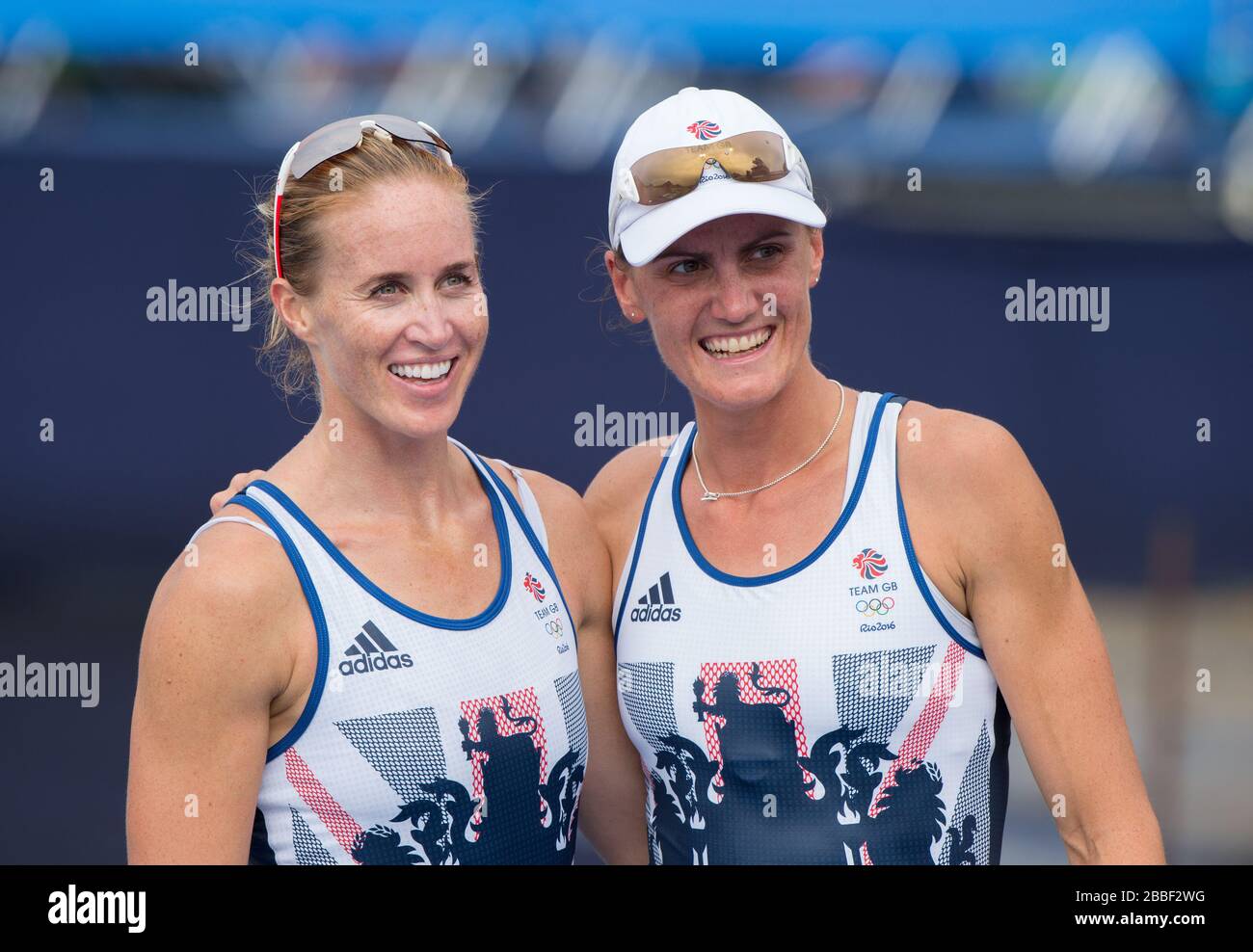 Rio de Janeiro. BRÉSIL. Médaillée d'or GBR W 2-. Noeud – paire pour Femme, noeud. Helen GLOVER et Heather STANNING, régate olympique de rawing 2016. Lagoa Stadium, Copacabana, “Jeux Olympiques d’été” Rodrigo de Freitas Lagoon, Lagoa. Heure locale 11:17:18 vendredi 12/08/2016 [crédit obligatoire; Peter SPURRIER/Intersport Images] Banque D'Images